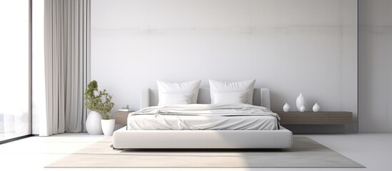 A spacious white bed with gray pillows is placed in a bedroom, positioned next to a window. The room has a serene ambiance with a minimalist design,