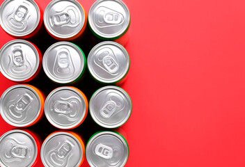 Energy drink in cans on red background, top view. Space for text