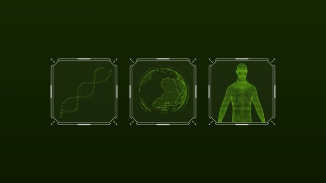 An array of colorful geometric shapes is displayed against a green background