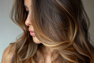 Beautiful hairstyle of young woman after dyeing hair and making highlights in hair salon