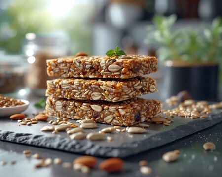 Pilha de barras de cereais com nozes e sementes de girassol, close-up culin&aacute;rio.
