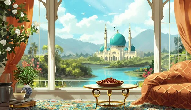 Ramadan ambiance: A bowl of dates placed in a cozy apartment room with a comfortable sofa and a window overlooking an am Seamless looping 4k time-lapse virtual video animation background. Generated AI