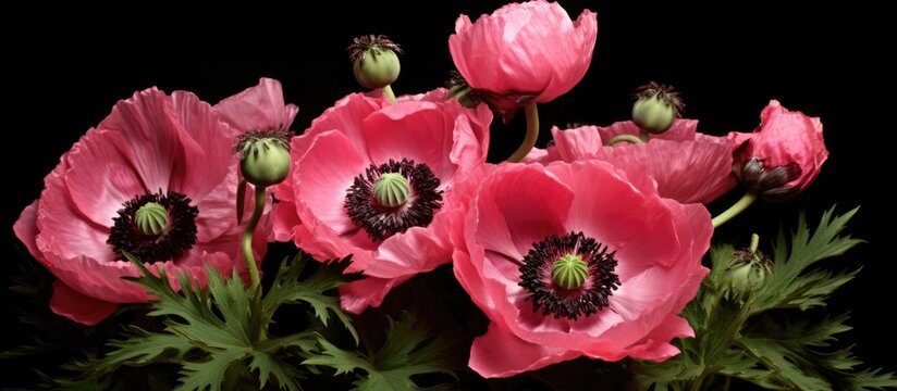 A collection of pink flowers with ruffled petals, known as perennial Oriental poppies, are arranged in a vase. The vibrant pink blooms stand out against the green stems and leaves, creating a stunning