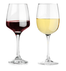 Glasses of white and red wine isolated on white