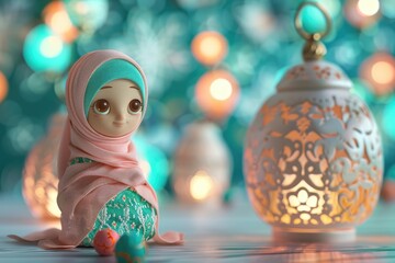 Cute Muslim girl doll with lanterns background