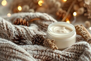 Obraz na płótnie Canvas A cozy winter skincare scene with rich creams and a knitted background