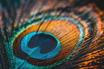 A detailed macro shot of a vibrant peacock feather
