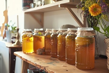 A DIY home kombucha setup with jars of fermenting tea