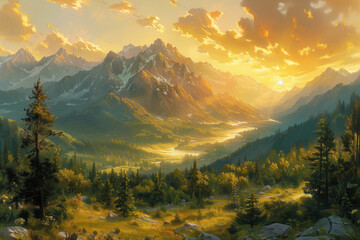 Mountains Scenery Landscape Oil Painting, Artwork, Generative AI - obrazy, fototapety, plakaty