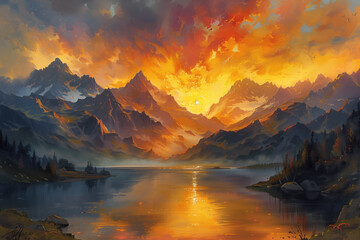 Fototapeta na wymiar Mountains Scenery Landscape Oil Painting, Artwork, Generative AI