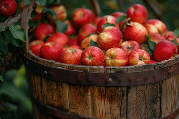 Fototapeta na wymiar A rustic scene of freshly picked apples in a wooden basket