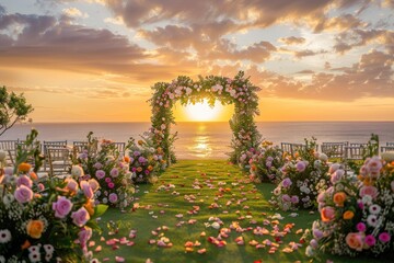 elegant outdoor wedding ceremony with a floral archway at sunset