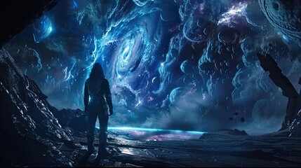 Epic space opera scene, heroes of genetic engineering confronting the mysteries of dark matter - obrazy, fototapety, plakaty