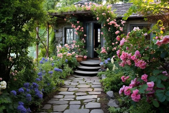 Climbing Vines & Stone Pathway: Enchanted Cottage Garden Patio Inspirations