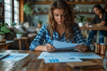 Fototapeta premium A woman appears concentrated and professional, analyzing financial documents in a modern, cozy atmosphere