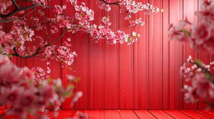 Blooming cherry blossom pink and oriental silk red, spring festival