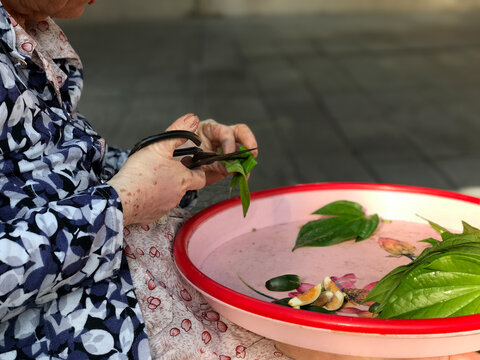 Woman making betel leaves on the street in Vietnam