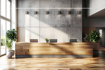Clean wooden and concrete office interior with reception desk and sunlight. 3D Rendering.