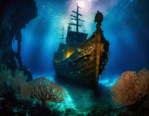 Ancient sunken pirate ship resting in the depths of the blue sea. Underwater photo	