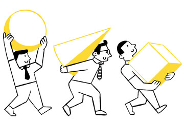 Three businessman choose and carrying different shapes, symbolizing to variation of people who have different way, choices, individual, ideas. Outline, thin line art, hand drawn sketch, ink style.