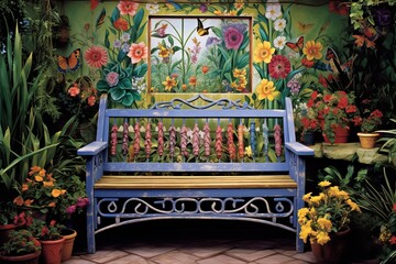 Fototapeta premium Enchanted Cottage Garden Patio: Whimsical Garden Art & Hidden Benches Retreat