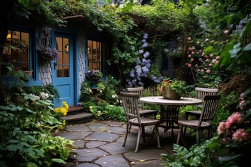 Fototapeta na wymiar Enchanted Cottage Garden Patio Inspirations: Old-World Charm and Whimsical Detailing