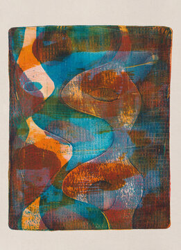 Acrylic monoprint in rich warm textured colours