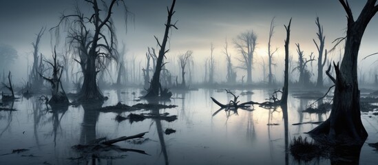 Fototapeta premium A mystical mist envelops the wetland, creating an enchanting atmosphere. The foreground features majestic dead trees, while the background showcases a swampy area with water. The overall ambiance is