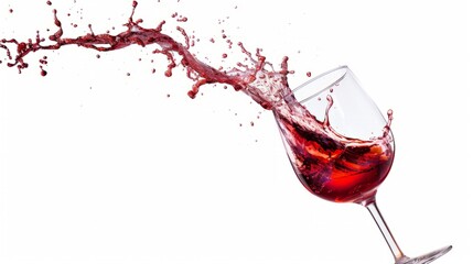 Cheers red wine with splash out of glass isolated on white background.