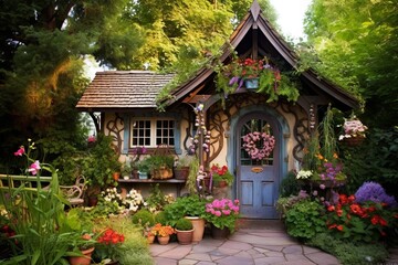 Fototapeta na wymiar Enchanted Cottage Garden Patio: Charming Shed and Potting Area Inspirations
