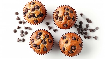 Chocolate chip muffins isolated on white background. top view