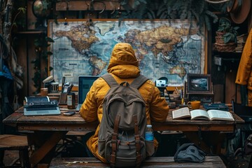 An explorer in a yellow jacket is immersed in trip planning with a world map and travel essentials