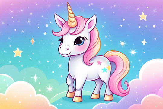 Fairytale unicorn. Little horse pony magical cute baby unicorn, stars, clouds. Blue, pink, purple pastel colors.