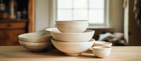 A stack of white bowls neatly arranged on top of a wooden table. The bowls appear clean and are placed in an orderly fashion.