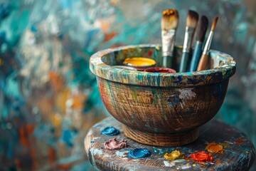 Close up of paint brushes, dried paint in a bowl on top of a color-splashed palette, evoking the artist's creative process