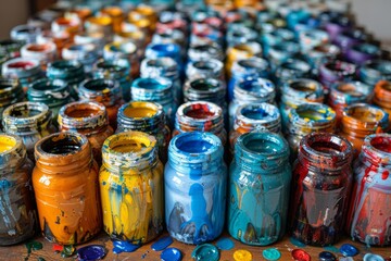 Fototapeta premium Rows of open paint jars with various vibrant colors, splattered with paint, suggesting an artistic and creative workshop scene