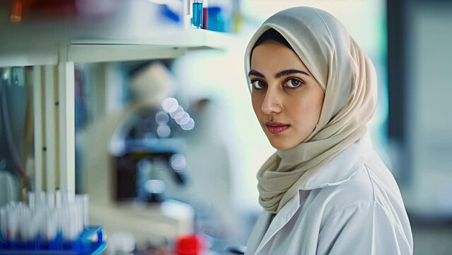 Middle eastern woman in a hijab working in a biotechnology laboratory