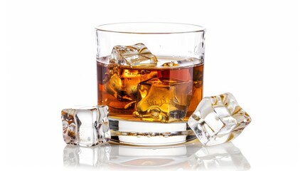 Glass of whiskey with ice isolated on white background