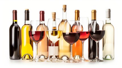 Glasses of wine with bottles isolated on white