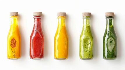 Green, yellow, orange and red smoothie in glass bottles isolated on white background, top view.