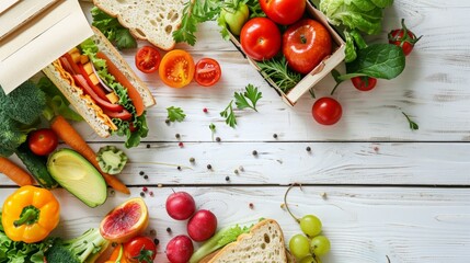 Healthy lunch box with sandwich, fresh vegetables and fruits on white wooden background. From top view