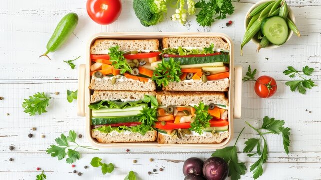 Healthy lunch box with sandwich, fresh vegetables and fruits on white wooden background. From top view
