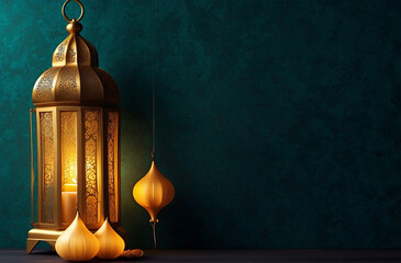 Obraz premium Eid Mubarak concept Islamic style golden frame design with lanterns on dark aqua background