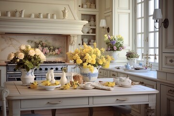 French Provincial Kitchen Designs: Elegant Fresh Flower Bouquet Centerpiece - obrazy, fototapety, plakaty