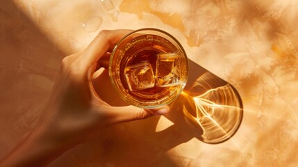 Overhead photography of a glass of scotch whiskey with ice held by a light skin woman against a warm caramel coloured background