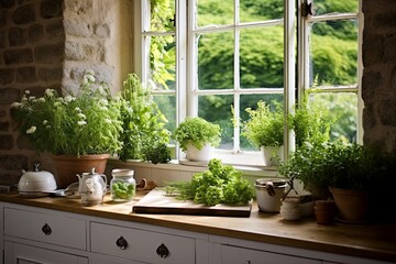 French Provincial Kitchen Designs featuring Fresh Herb Window Sill Garden - obrazy, fototapety, plakaty