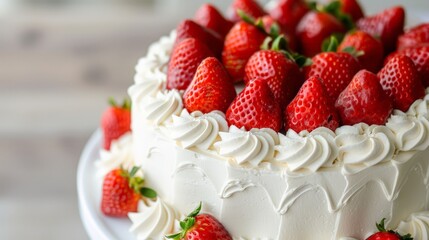 Overhead view of a white cake topped with strawberries