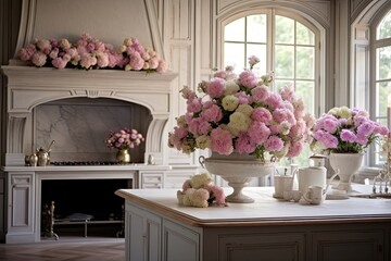 French Provincial Kitchen Designs: Fresh Flower Bouquet Centerpiece Inspiration - obrazy, fototapety, plakaty