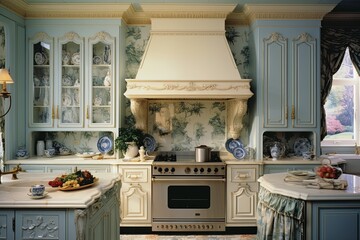 Toile Fabric Bliss: French Provincial Kitchen Designs & Traditional Patterns - obrazy, fototapety, plakaty