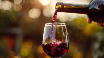 Red wine being poured in to wine glass with blurred background - obrazy, fototapety, plakaty